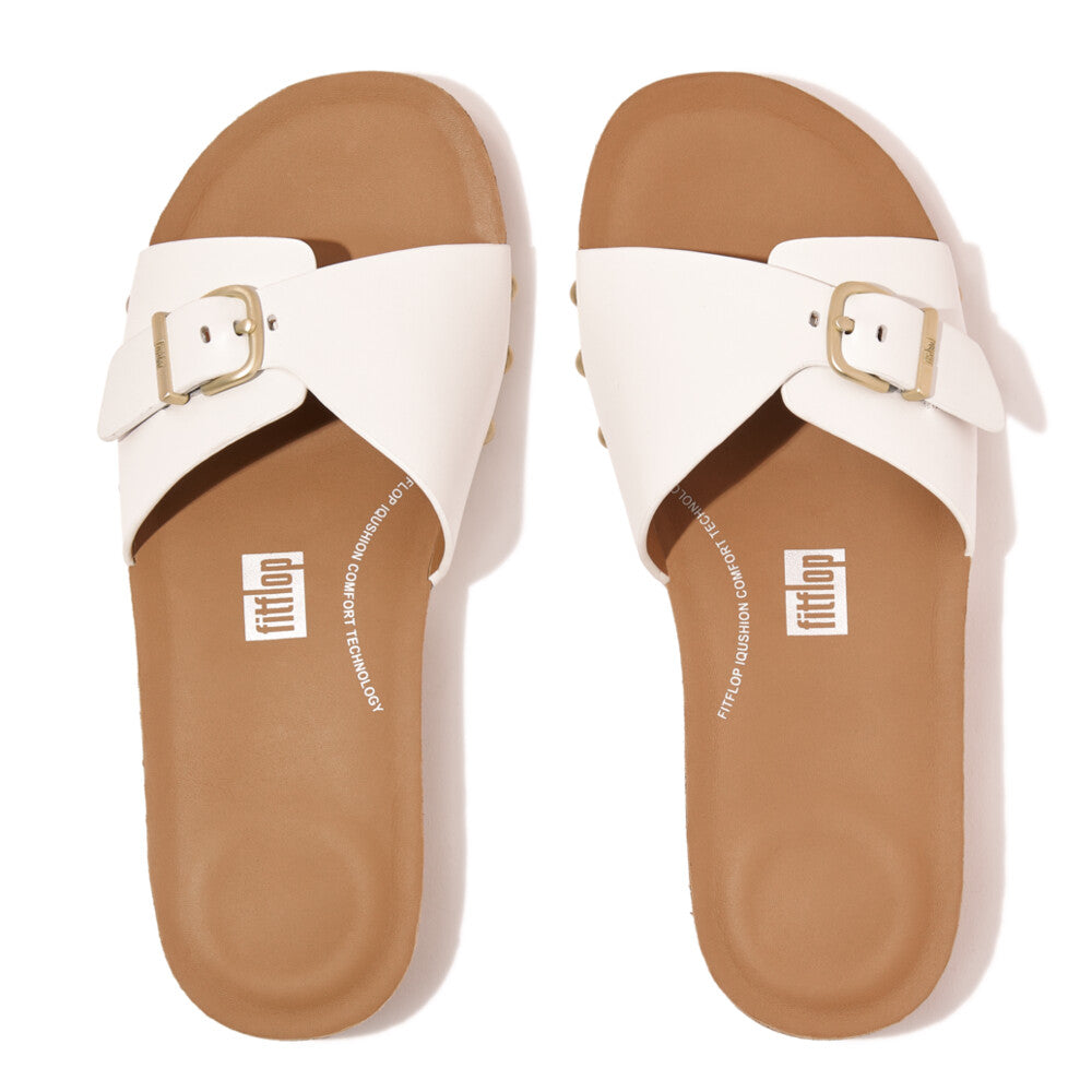 Fitflop iQushion Adjustable Buckle White Leather Slides HF1-194