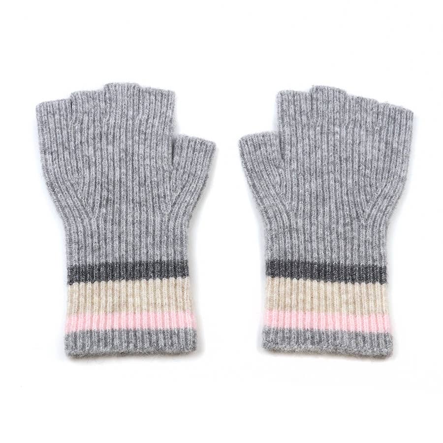 Grey Recycled Blend Striped Wrist Fingerless Gloves